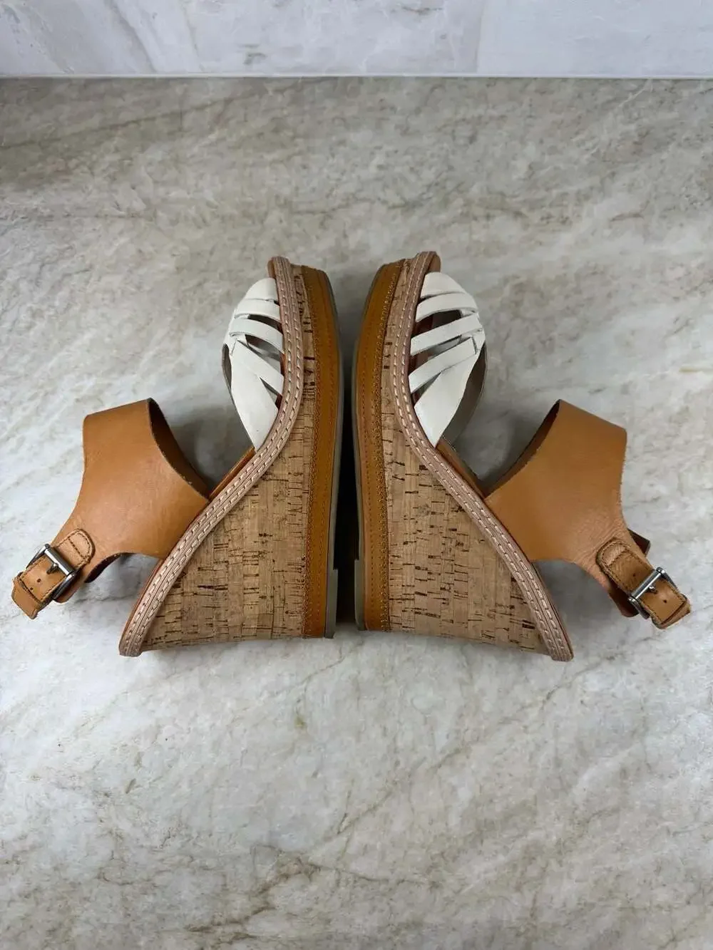 DV Dolce Vita Jaslyn Leather Cork Wedge Platform Sandals Tan White Womens 8.5